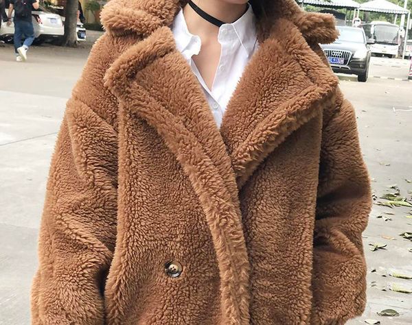 

7 colors s- casual women woolen teddy long coat womens 2019 winter solid color loose female thicking wool blends coat, Black