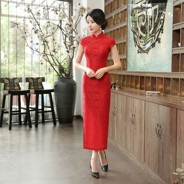 

new chinese traditional dress women vintage cheongsam bride toast long qipao oriental dresses elegant red lace clothes