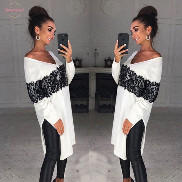 

fashion casual ladies women long sleeve cotton casual asymmetric loose long print blouse v neck, White