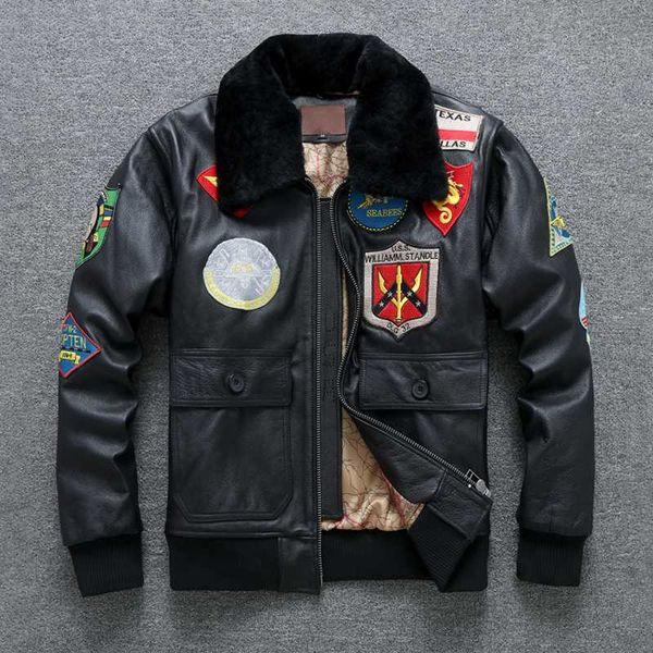

g1 pilot flight suit jacket, mean cow leather coat lapels young warm leather cowhide cotton thick big jacket sheep fur collar, Black