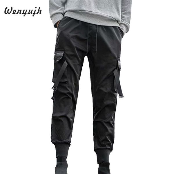 

wenyujh мужчина лента цвет блок черных карманных штаны tacktical гарем joggers harajuku sweatpant hip hop брюки, Black