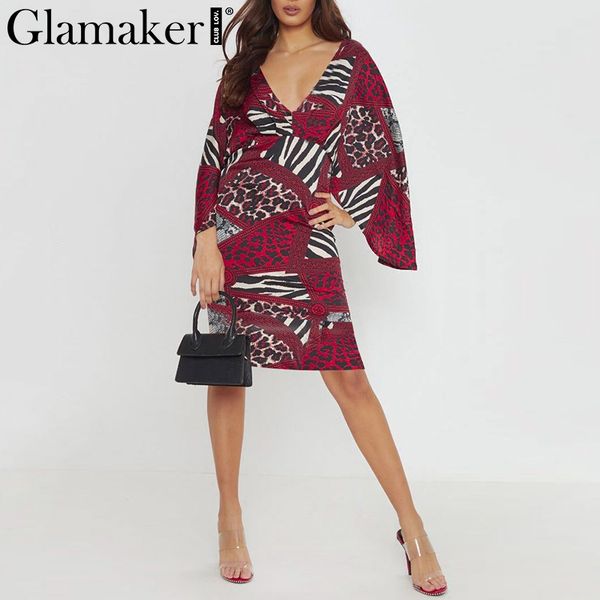 

glamaker animal print patchwork vintage midi dress women v neck casual elegant dress summer spring vestidos, Black;gray