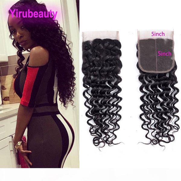 

малайзийские волосы девственницы пять на пять кружевных закрытия с детскими волосами 5x5 закрытие глубокая волна вьющиеся 100% человеческие, Black;brown