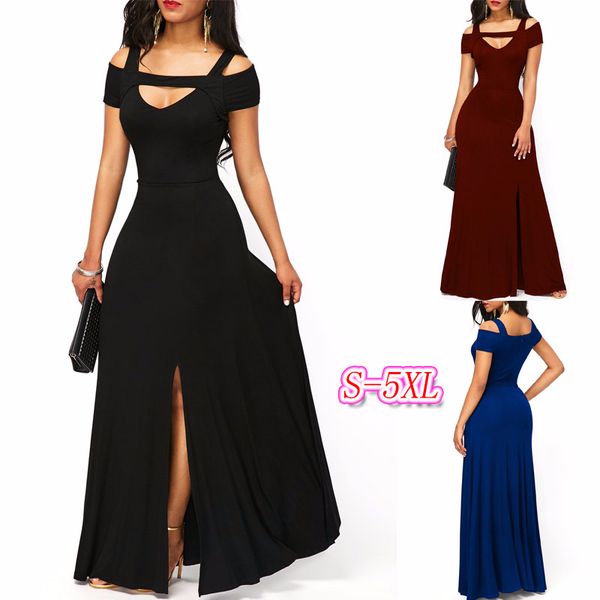 

2019 europe and america v-neck open shoulder slim plus size party dress women hollow out short sleeve maxi dresses, White;black
