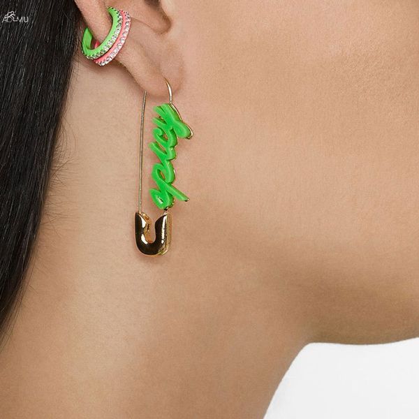 

aomu korea stud earring for women geometric oval charm ear jewelry green letter spicy acrylic paperclip earring accessories, Golden;silver