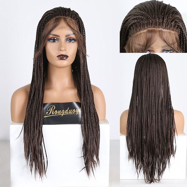 

rongduoyi dark brown braided box braids front lace wig long high temperature fiber hair synthetic lace front wigs for women, Black