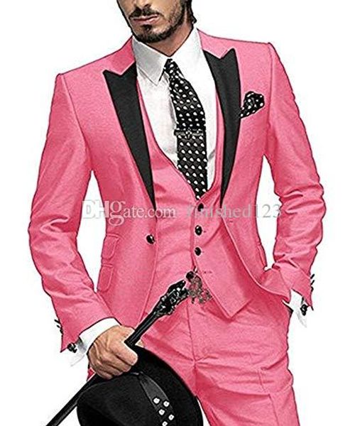 Alta Qualidade Um botão Hot Rosa Noivo do Noivo Tuxedos Peak Lapel Groomsmen Homens Formal Prom Fatos (jaqueta + calça + colete + gravata) W202