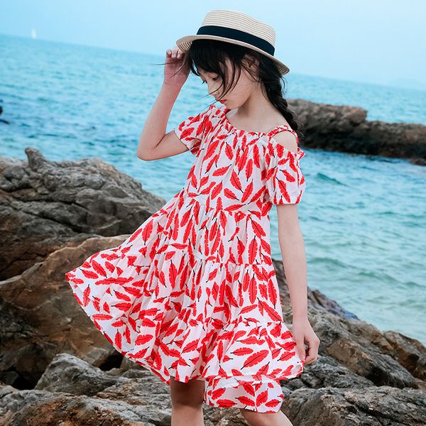 

2020 девушки принцессы летние платья пляжного отдыха дневные одежда для девочек shoulderless сплошной цветочный, Red;yellow