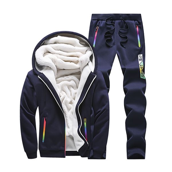 

warm sportsuit men hoodies suit thicken windproof sportswear color zipper man fleece winter gym running sets thermal sport suit, Black;blue