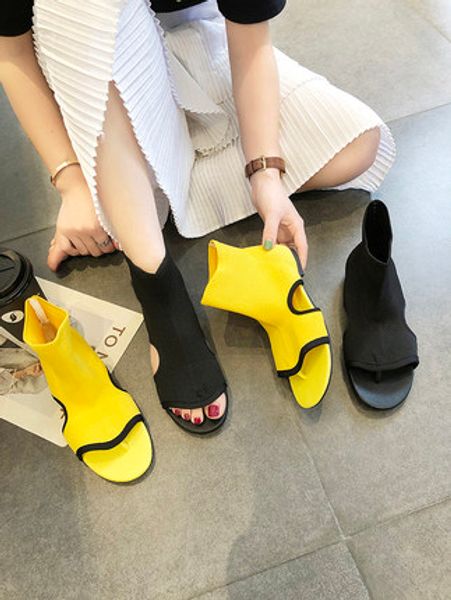 

summer new knitted wool toe herringbone boots motorcycle boots flat sandals shoes women's shoes tide, Black