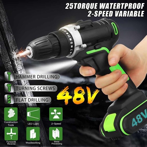 

48v 3 in 1 cordless power drills 15+1 torque drilling tool dual speed electric screwdriver drill w/ 1 or 2 li-ion battery