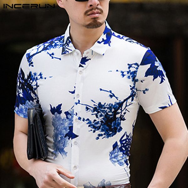 

men's casual shirts vintage floral printed men shirt lapel short sleeve chemise 2021 chinese style street summer mens s-5xl incerun, White;black