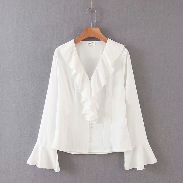 

european and american fashion falbala sdp45-9243 trumpet sleeve blouse, White
