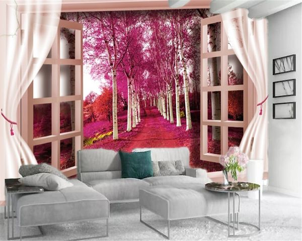 

пользовательские 3d пейзажные обои фантазия красный лес оконная фреска пользовательские романтический пейзаж шелковая фреска обои