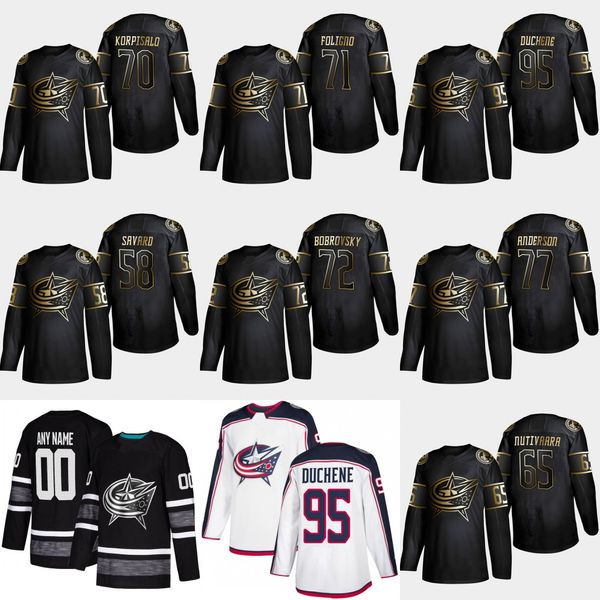 

77 Josh Anderson 2019 Gold Black Columbus Blue 65 Markus Nutivaara Joonas Korpisalo Nick Foligno Sergei Bobrovsky Matt Duchene Jersey