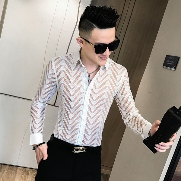 

lace shirt men see through tuxedo shirt long sleeve slim fit party wear shirts for men clothes 2019 club dress blouse homme, White;black