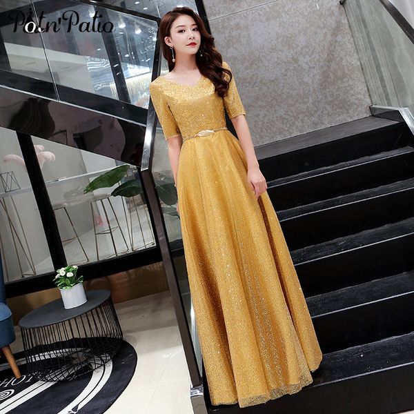 

gold evening gowns with sleeves 2019 new a-line floor-length shiny glitter plus size women evening dresses long, White;black