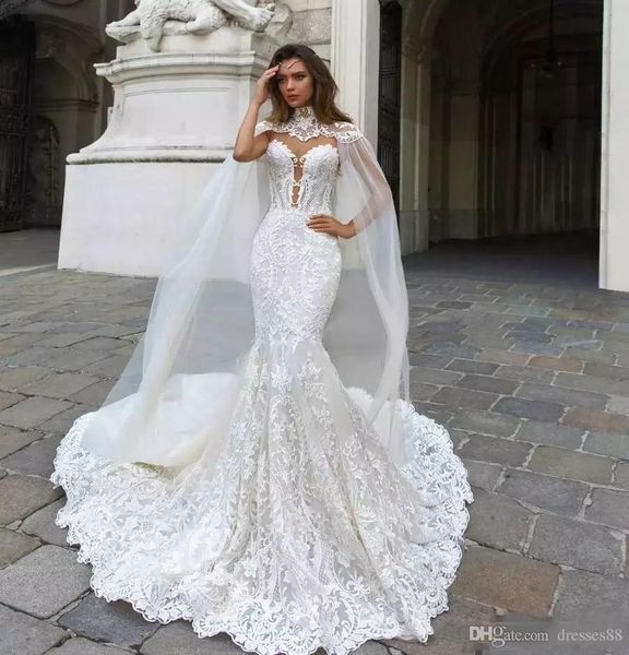 

2019 beach mermaid wedding dresses sheer neck lace bridal gowns with cape vestido de novia boho plus size wedding dress, White