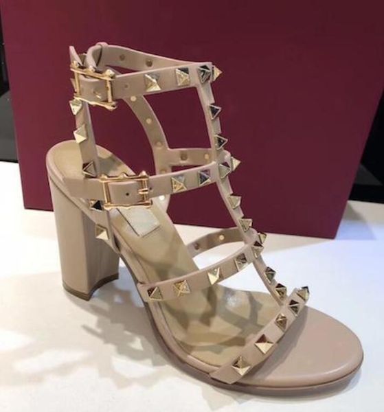 

2020 designer fashion stud sandals genuine leather slingback pumps ladies high heels fashion rivets shoes party high heel with box, Black