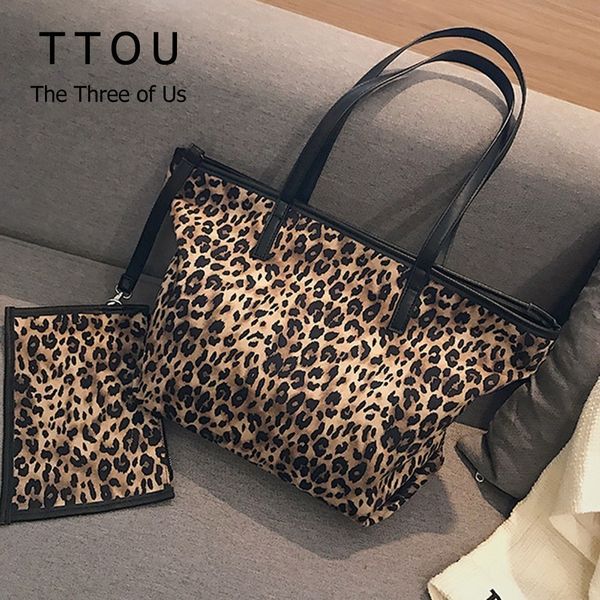 

ttou vintage women tote bag female leopard print shoulder bag large capacity composite bags ladie fashion bag set