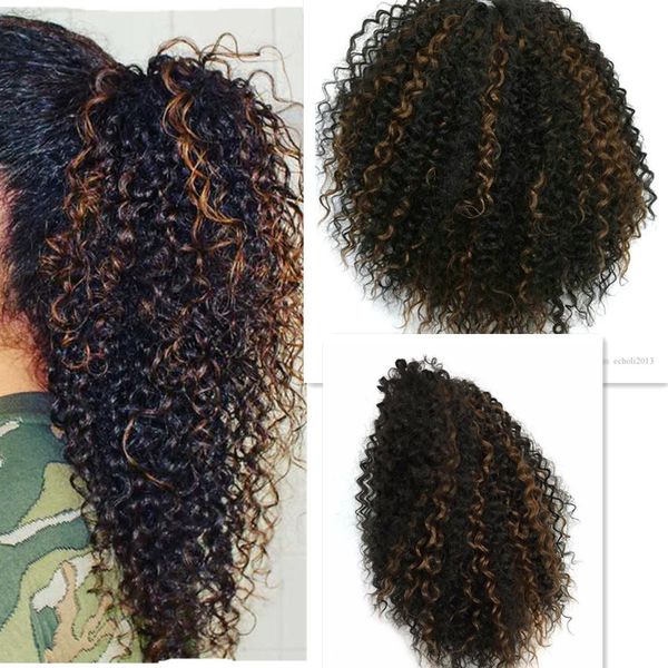 

kinky curly drawstring ponytail hairpiece natural highlights sports hairstyle human hair ponytail extension 120g 140g 1b/30, Black