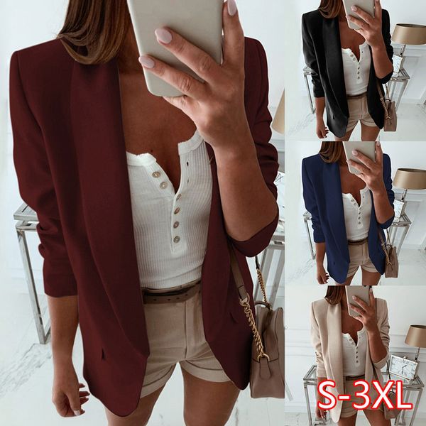 

women turn down collar suit jacket blazer spring solid lapel slim fit jacket ladies business office coat open stich outerwear, White;black