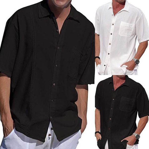 

summer solid color men patch pocket turn down collar short sleeve shirt top, White;black