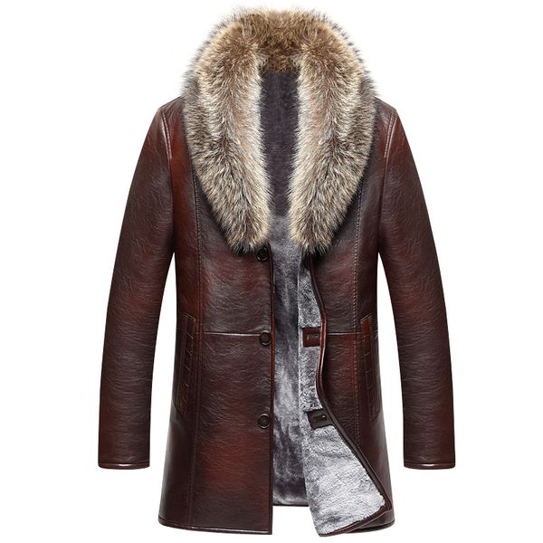 

big detachable real fur collar leather coat men, Black