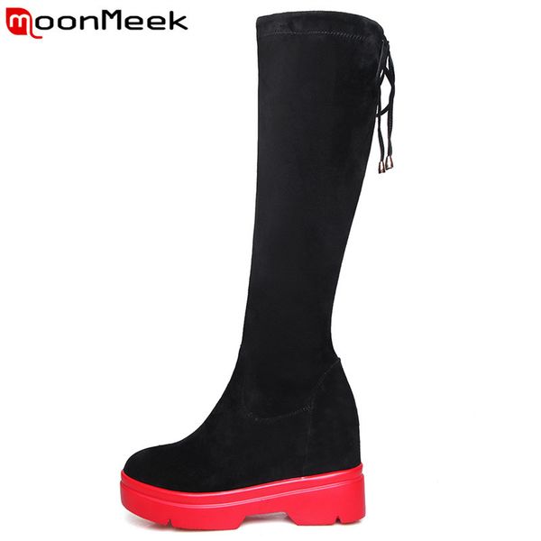 

moonmeek fashion knee high boots women round toe slip on autumn winter boots platform inside increasing shoes women ankle, Black