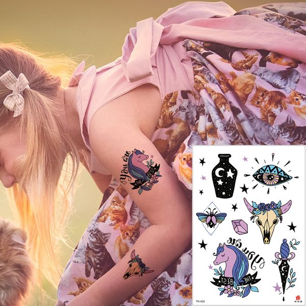 Acheter Enfants Temporaire Tattoo Designs Bouteille Unicorn Vache Star Diamond Dropper Decal Corps Pourpre Imperméable Art Autocollant De Tatouage