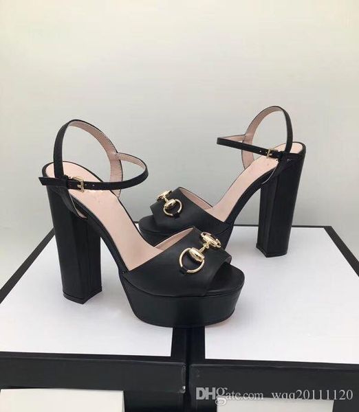 

2018 new women's fashion rough with sandals buckle with simple open-toed student heels, women's high heels, Black