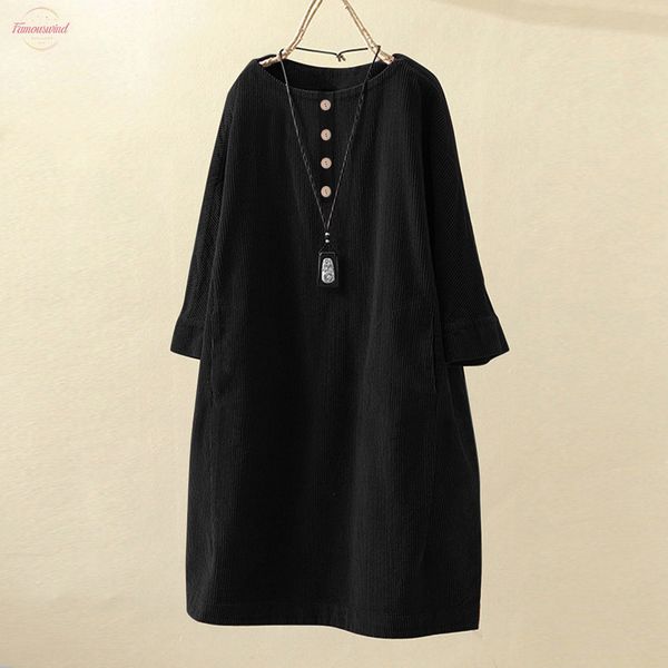 

trendy corduroy dress long sleeve women vintage pockets solid button loose dress plus size women clothing jurken grote maten, Black;gray