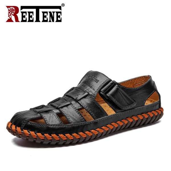 

leather sandals men men beach outdoor sandals soft leather big size summer flats, Black