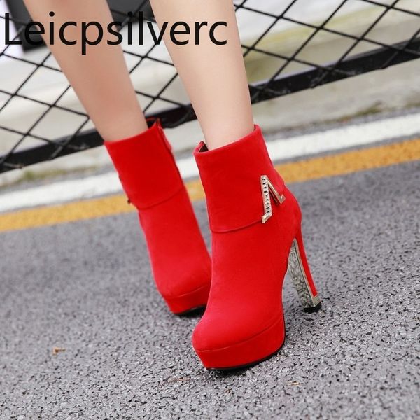 

women's boots winter the new fashion metal decoration round head zipper high heel short tube women's shoes plus size 33-43, Black