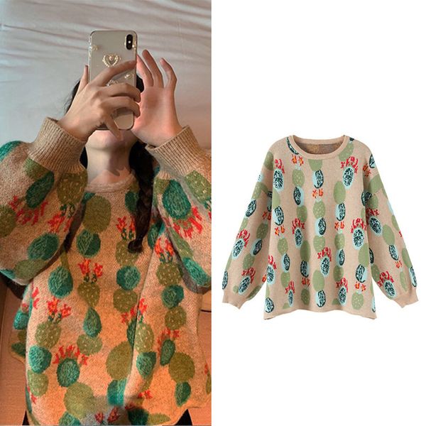 

new retro lazy color blocking cactus pattern loose pullover knitted sweater women sa1056, White;black
