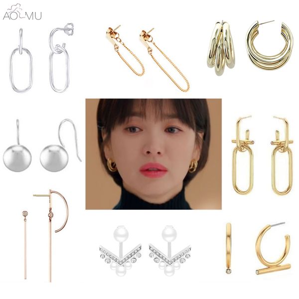 

aomu 2019 korean tv boyfriend song hye kyo metal gold curved crystal rhinestone cross geometric pearl ball earrings for women, Golden;silver