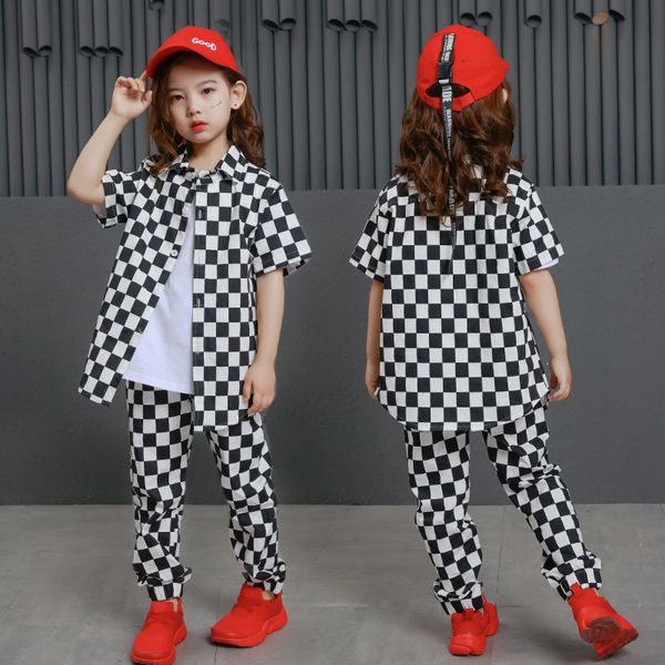 

girls ballroom dance clothes hip hop costumes kids black white long checked shirt dancing clothing performance shows dancewear, Black;red