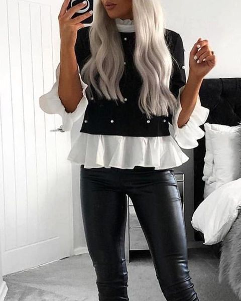 

women's blouses & shirts 2021 fashion casual blouse beaded patchwork sweet autumn shirt pullover contrast ruffle trim statement top, White