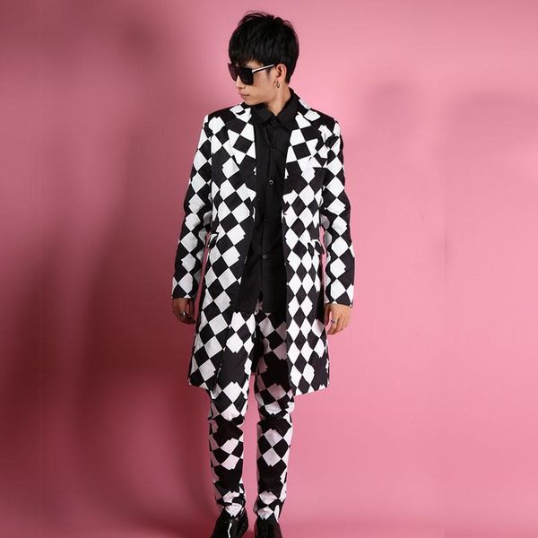 

сшитые на заказ мужские костюмы наборы (куртка+брюки) длинный повседневный костюм куртка мужская мода slim fit блейзеры пальто певица танцов, White;black