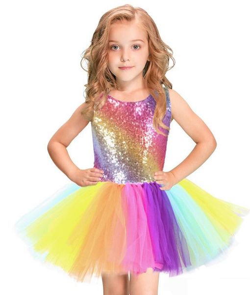

girls costume tutu dresses princess rainbow sequins party dress with hair band sleeveless backless dance dresses children day gift, Red;yellow