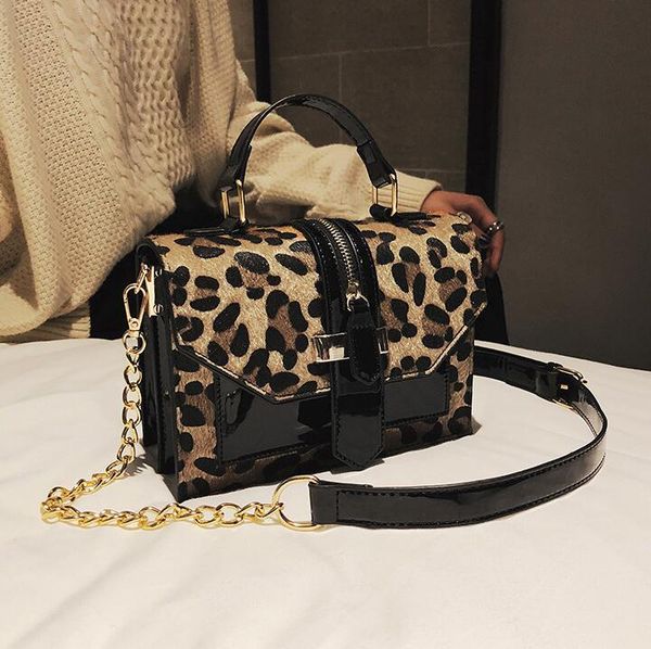 

wholesale women handbag personalized patents color womens chain bag street trend leopard handbags joker flip leopards patent leather fashion, Black;red