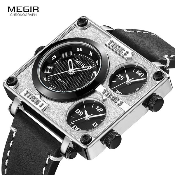 

megir fashion square dial quartz watches men luxury brand leather belt multi time zones sports waterproof wristwatch relogio, Slivery;brown