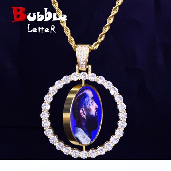 

сшитое фото вращающийся двухсторонний медальоны ожерелье 4мм тенниса плетеный циркон мужской хип-хоп ювелирных 2x1.65 дюйма, Silver