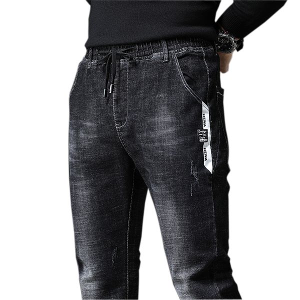 

2019 new mens jeans smart casual jeans regular fit straight leg elasticity stretch long trousers black holes elastic waist, Blue