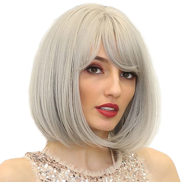 

12 inch silver gray synthetic short wig fluffy women hair safe full wig, Black
