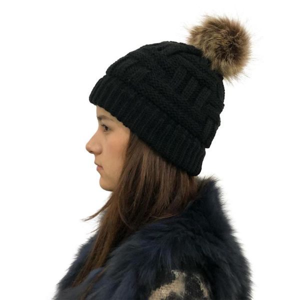 

cable knit beanie with faux fur pompom ears winter knit beanie hat slouchy skull cap real fur pom pom hats cap for girls, Blue;gray