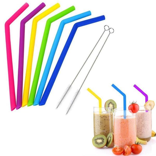 

6pcs много многоразовых силиконовые трубочки с 2pcs щетки очищающей многоразовой соломинкой набор партия отношение принадлежности