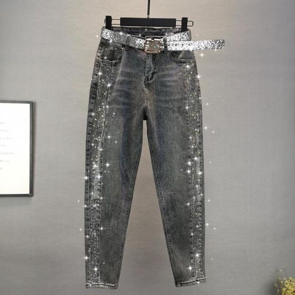 

2020 spring autumn korean fashion rhinestone jeans women high waist loose harem pants plus size q526, Blue