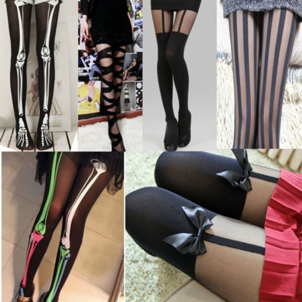 

women lace stay up thigh-highs stockings nylons spendex creative skeleton bone hosiery pantyhose bowknot tights, Black;white