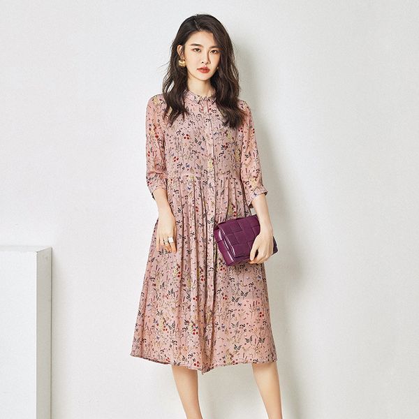 

rongtai] summer 2020 new medium and long mulberry silk with thin waistband and floral silk dress, Black;gray